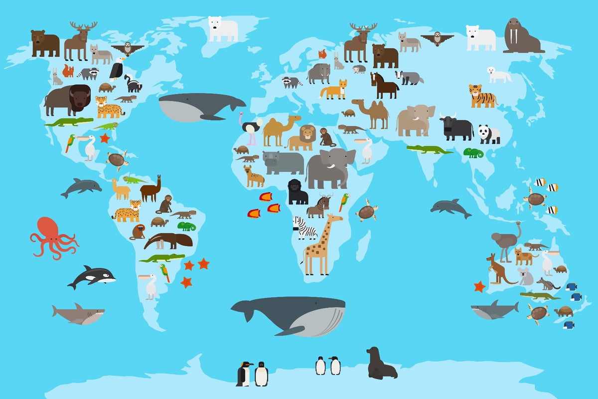 Kids Animals Map Wallpaper Mural in your room — zoomed