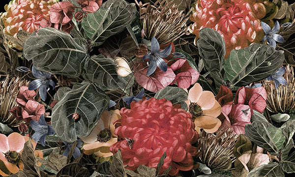 Red Green Tropical Leaves & Floral Wallpaper Mural in your room — zoomed