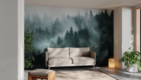 Green tree foggy forest jungle wallpaper mural