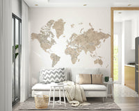 Neutral watercolor world map wallpaper with country outlines

