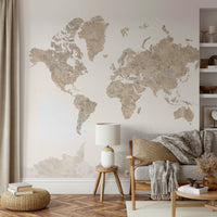 Neutral-toned global map mural for study or office

