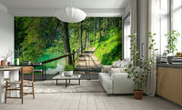 Lakeside mural with misty reflections and forest backdrop

