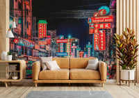 Taxi rides under neon lights in Bangkok

