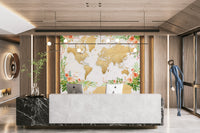 Floral bohemian world map wallpaper with artistic flair

