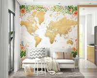 Boho chic wallpaper with floral world map print

