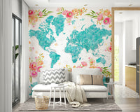 Decorative teal map wallpaper for creative studios

