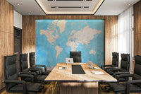 Soft blue watercolor wall mural featuring global map

