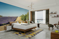 Peel and stick lavender wallpaper with olive leaf motifs

