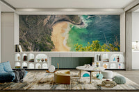 Serene beach mural with pastel sky and shoreline

