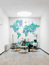 Vibrant turquoise map mural in watercolor style

