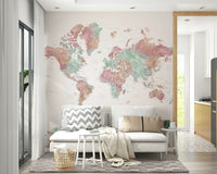 Soft pastel world map mural with watercolor texture


