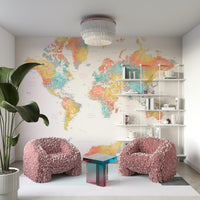 Multicolor watercolor world map wallpaper for kids’ rooms

