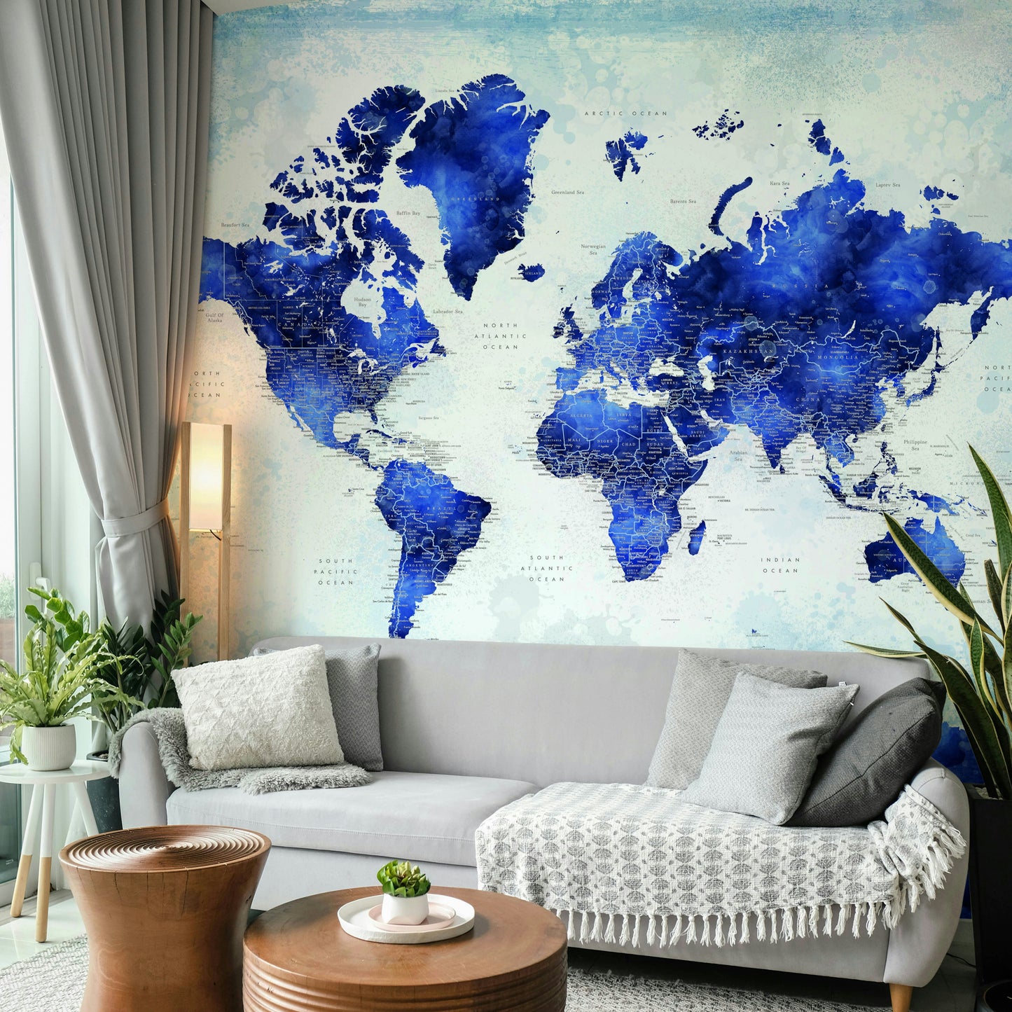 Deep Blue Watercolor World Map Wallpaper