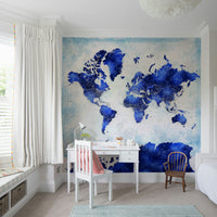 Modern navy blue world map for lounge walls

