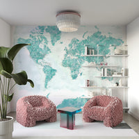 Aqua blue watercolor world map wallpaper for walls

