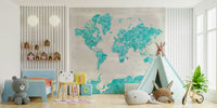 Nautical world map mural in ocean blue tones

