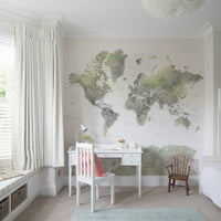 Green watercolor world map wallpaper for walls

