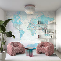 Educational wall décor with soft blue world map

