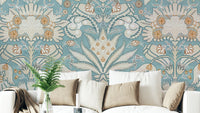 Botanic Damask Cream Aqua Blue Wallpaper in a lounge
