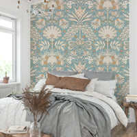 Elegant aqua blue and cream floral damask wallpaper

