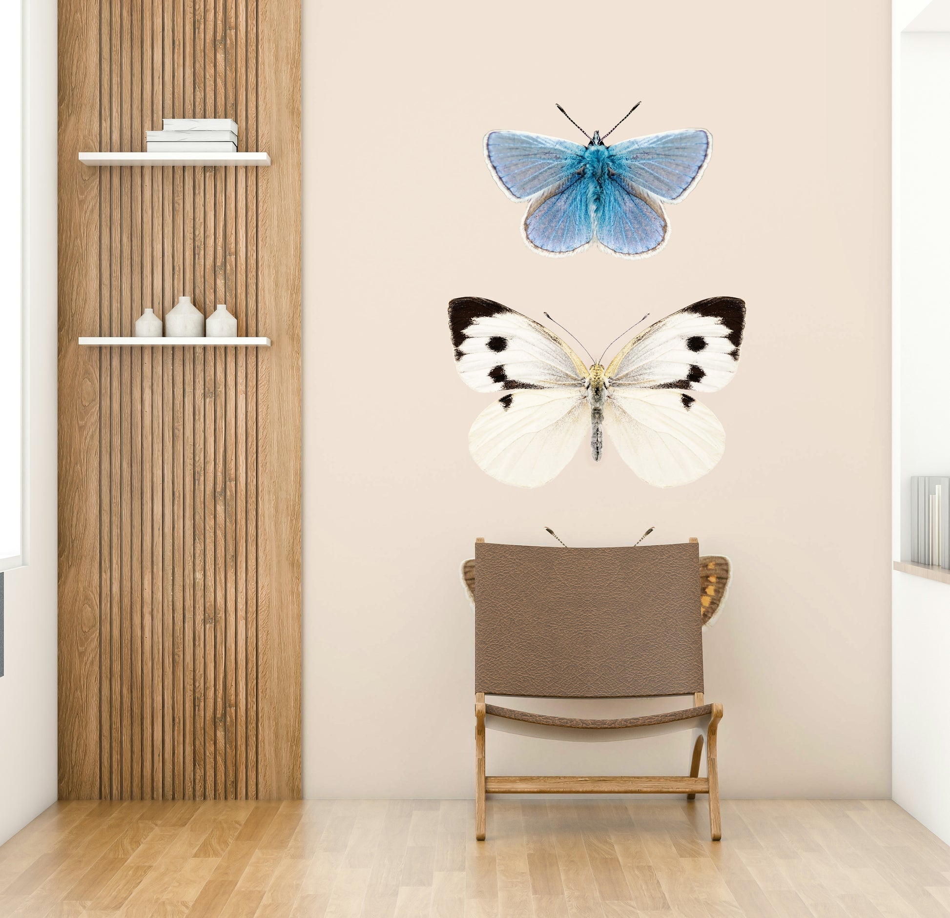 Natural history style mural with labeled butterflies

