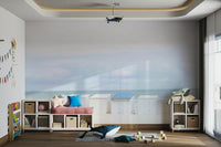 Artistic wallpaper with hand-drawn blue rooftops

