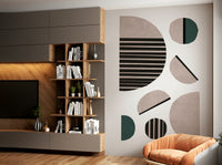 Geometric abstract wallpaper adding dimension to a bedroom.