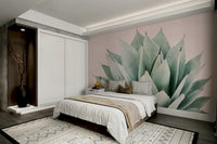 Muted green agave flower wallpaper for living rooms.