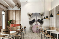 Playful bubble gum raccoon wall mural for creative decor