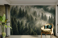 Foggy green forest wallpaper mural

