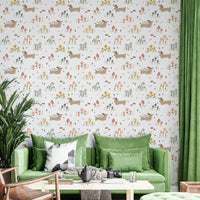 Floral puppy wallpaper for kids’ space

