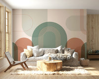 Retro arch wallpaper in peach and sage

