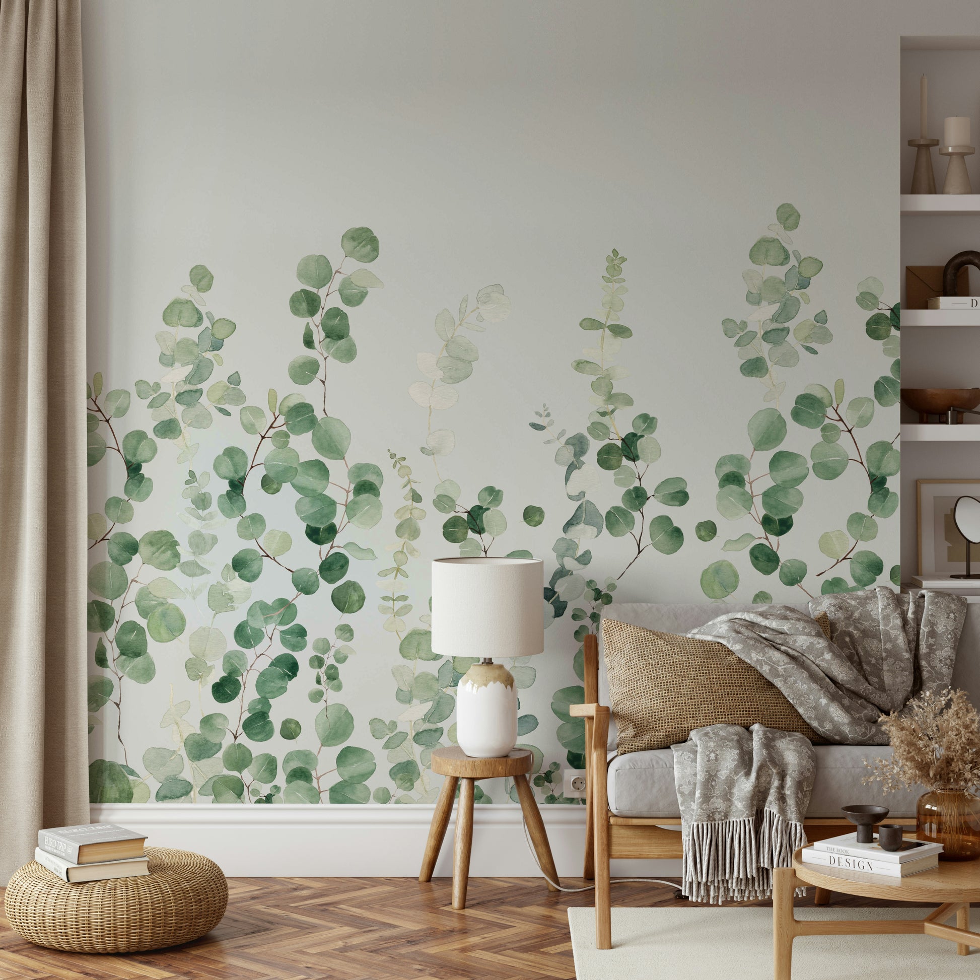 Soft-toned eucalyptus wall art installation

