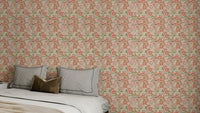 Groovy floral wallpaper in coral and green

