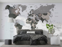 World map wall mural in muted color tones

