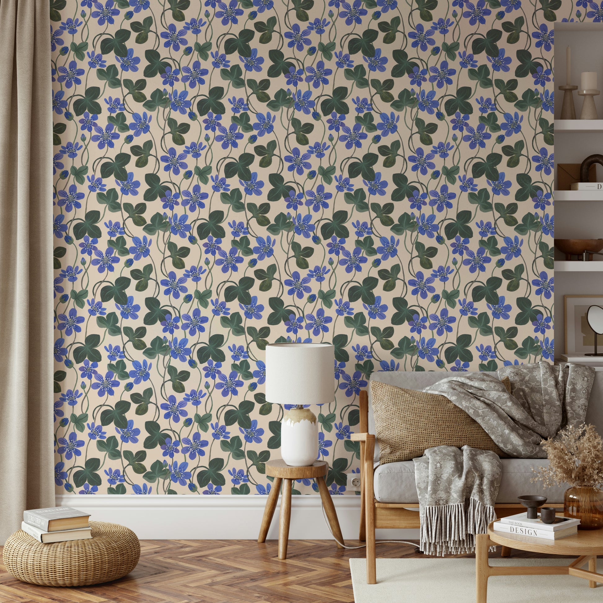 Botanical wallpaper with blue anemone blooms

