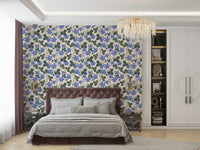 Stylish white wallpaper with blue florals


