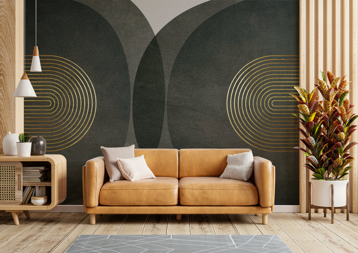 Modern Mid Century Charcoal Gold Wall Mural
