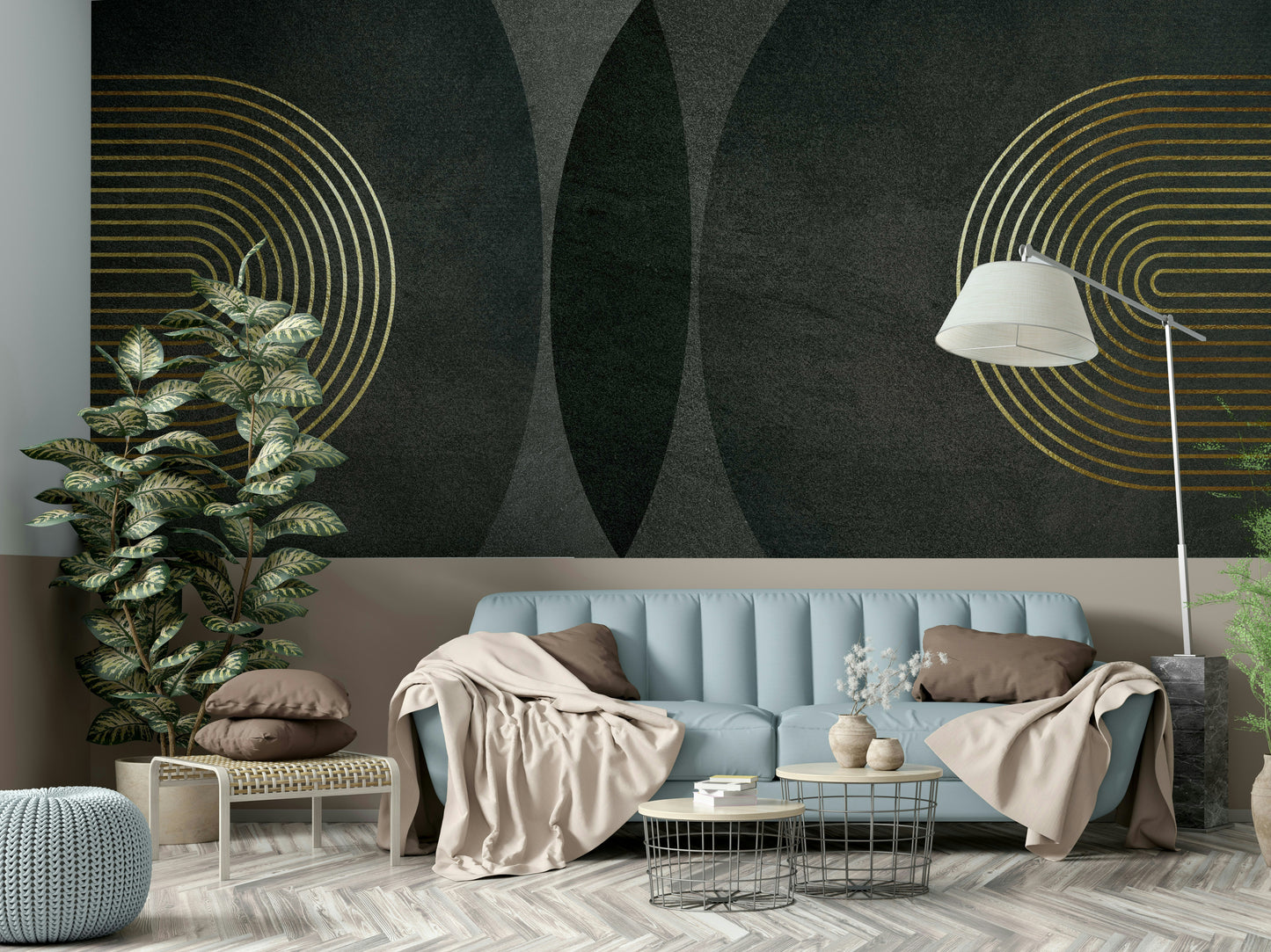 Modern Mid Century Charcoal Gold Wall Mural