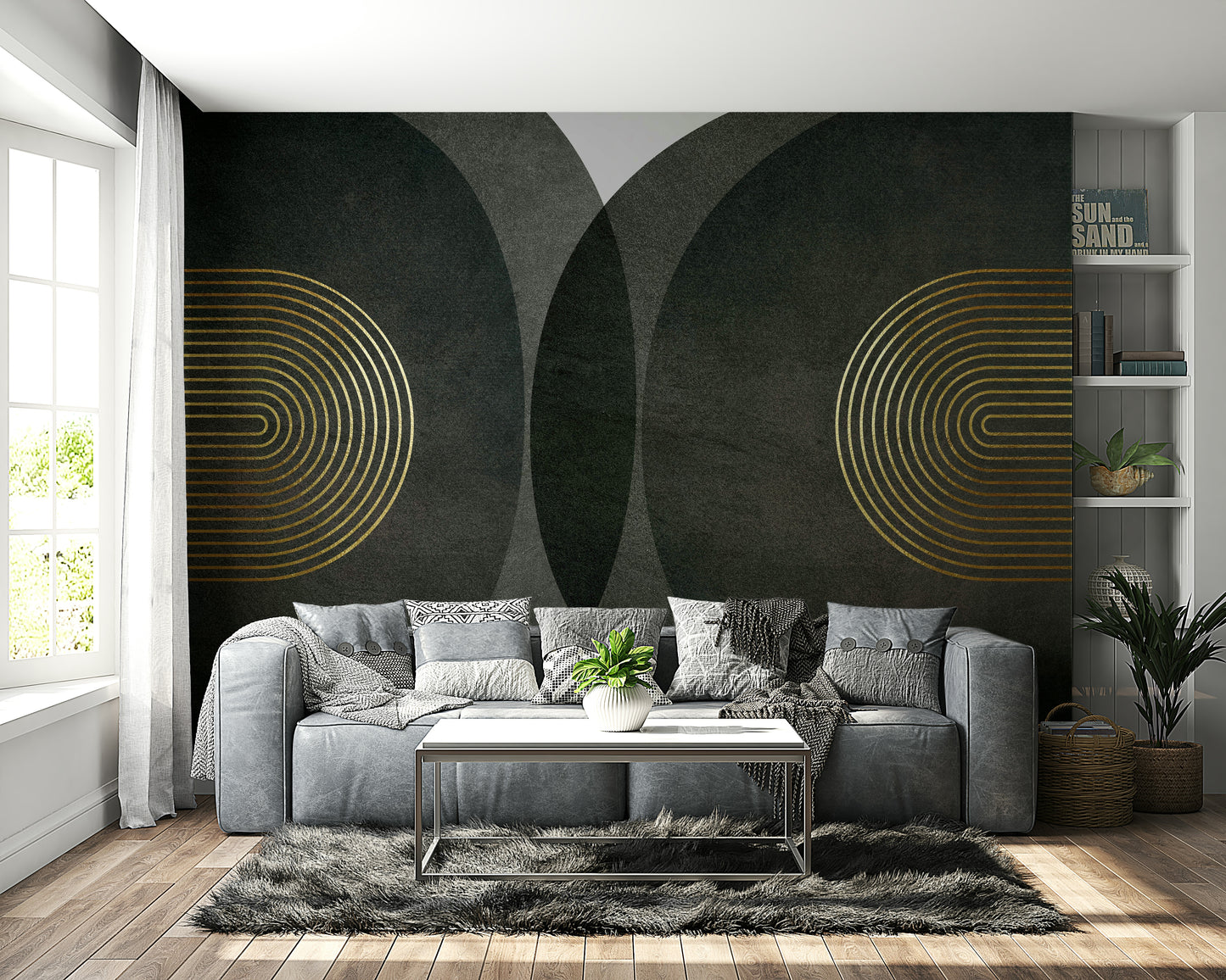 Modern Mid Century Charcoal Gold Wall Mural