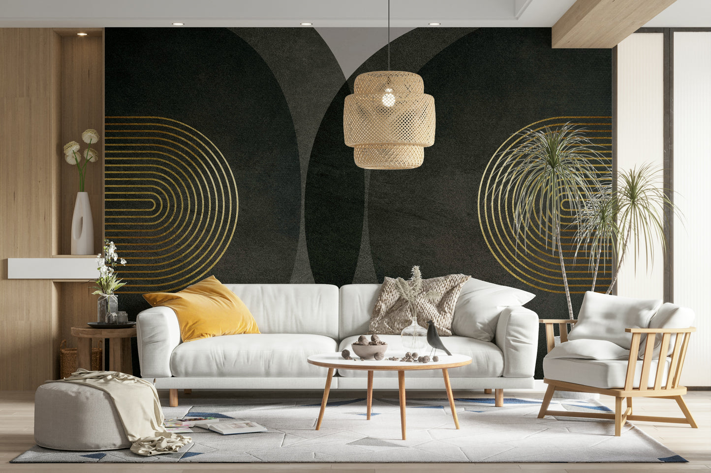 Modern Mid Century Charcoal Gold Wall Mural