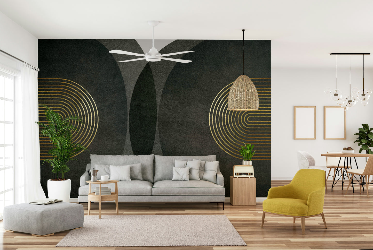 Modern Mid Century Charcoal Gold Wall Mural
