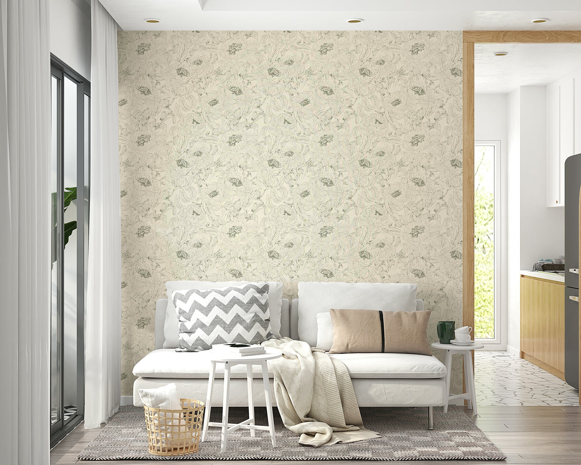 Peonies line art wallpaper for calm interiors

