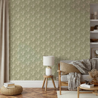 Sage wallpaper with timeless floral details

