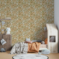 Vintage-style mustard wallpaper with florals

