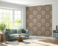 Warm brown wallpaper with botanical motifs

