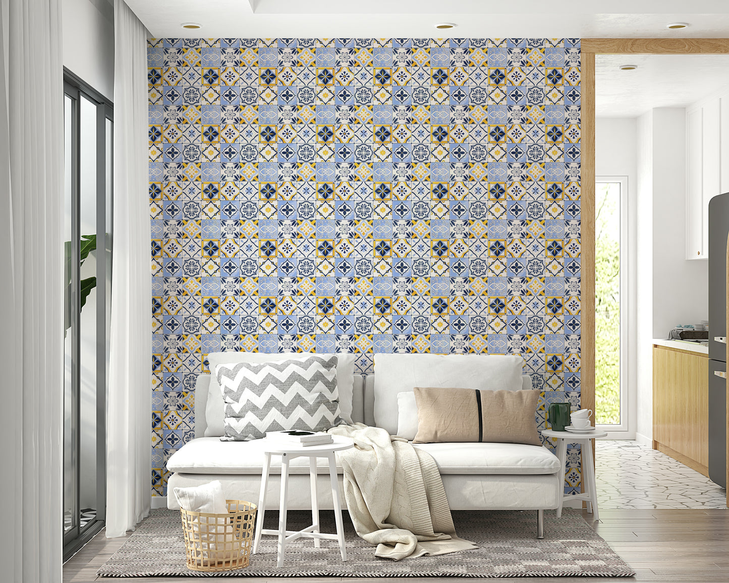 Yellow and blue Spanish tile wall mural

