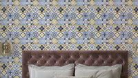 Blue and yellow mosaic wall design pattern


