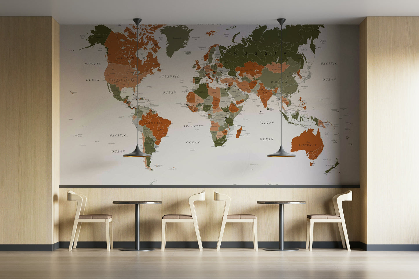 World Map Olive Green Wall Mural