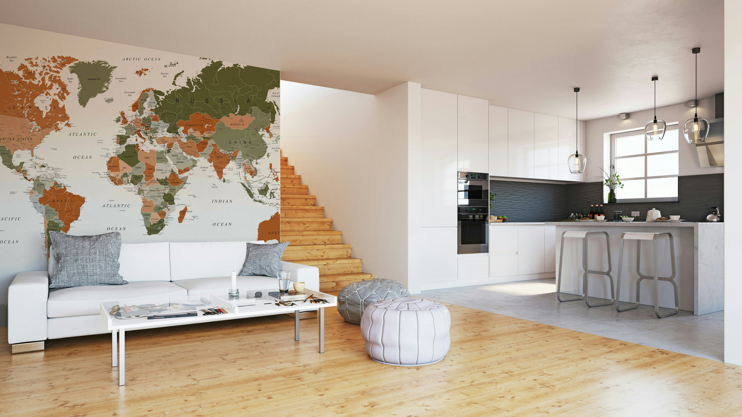 World Map Olive Green Wall Mural